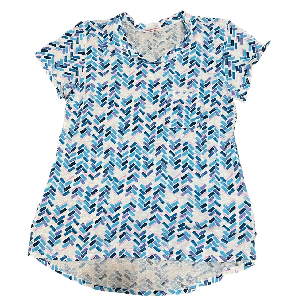 Fresh Produce Women's Large Blue Pink Geometric Supima Cotton V-Neck T-Shirt USA